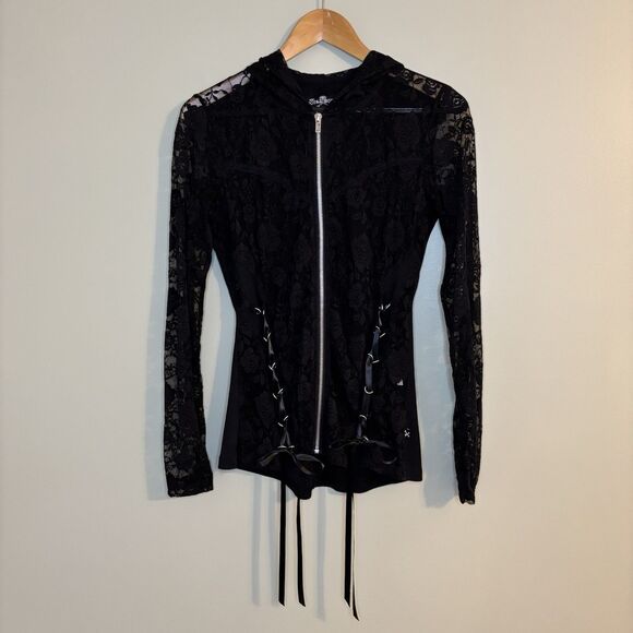 Royal Bones Daang Goodman Black Hooded Zip Up Sheer Lace Corset Goth Steampunk S - Picture 2 of 9